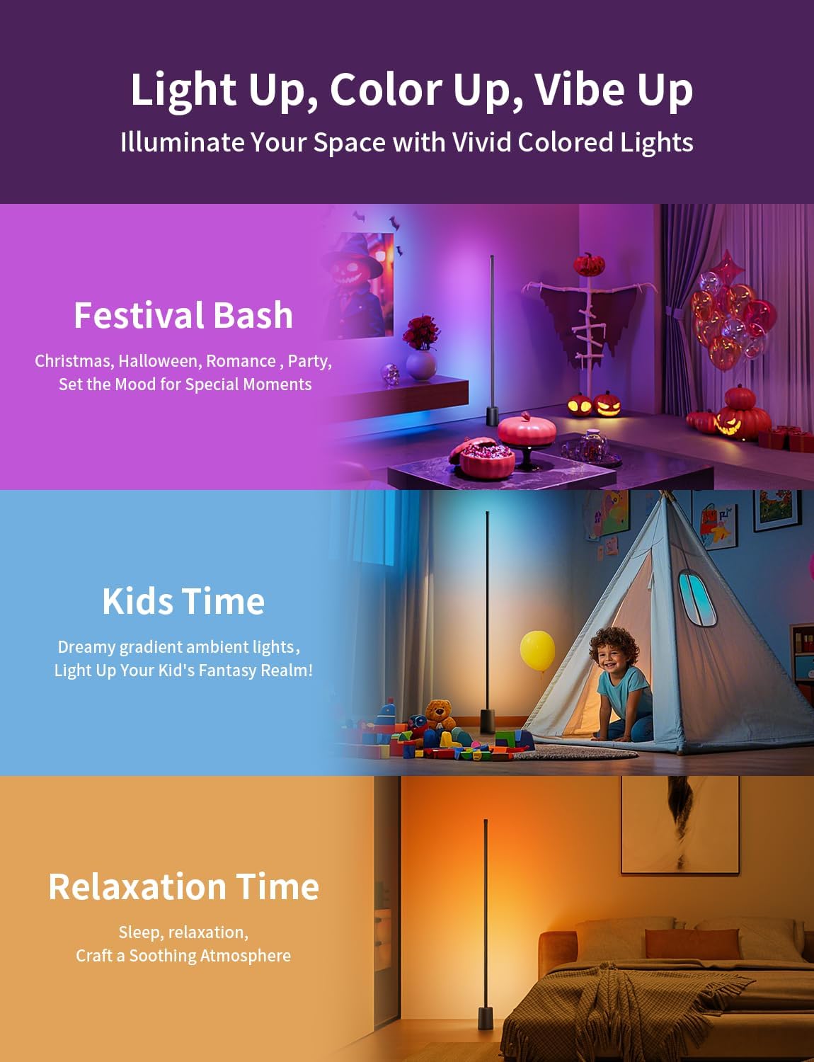 Ailofy Corner Floor Lamp, 1500lm RGBW Corner Lamp Work with Alexa & Google Assistant, 16 Million DIY Colors, Sync with Music, App Control, Modern LED Floor Lamp for Living Room & Bedroom, Black