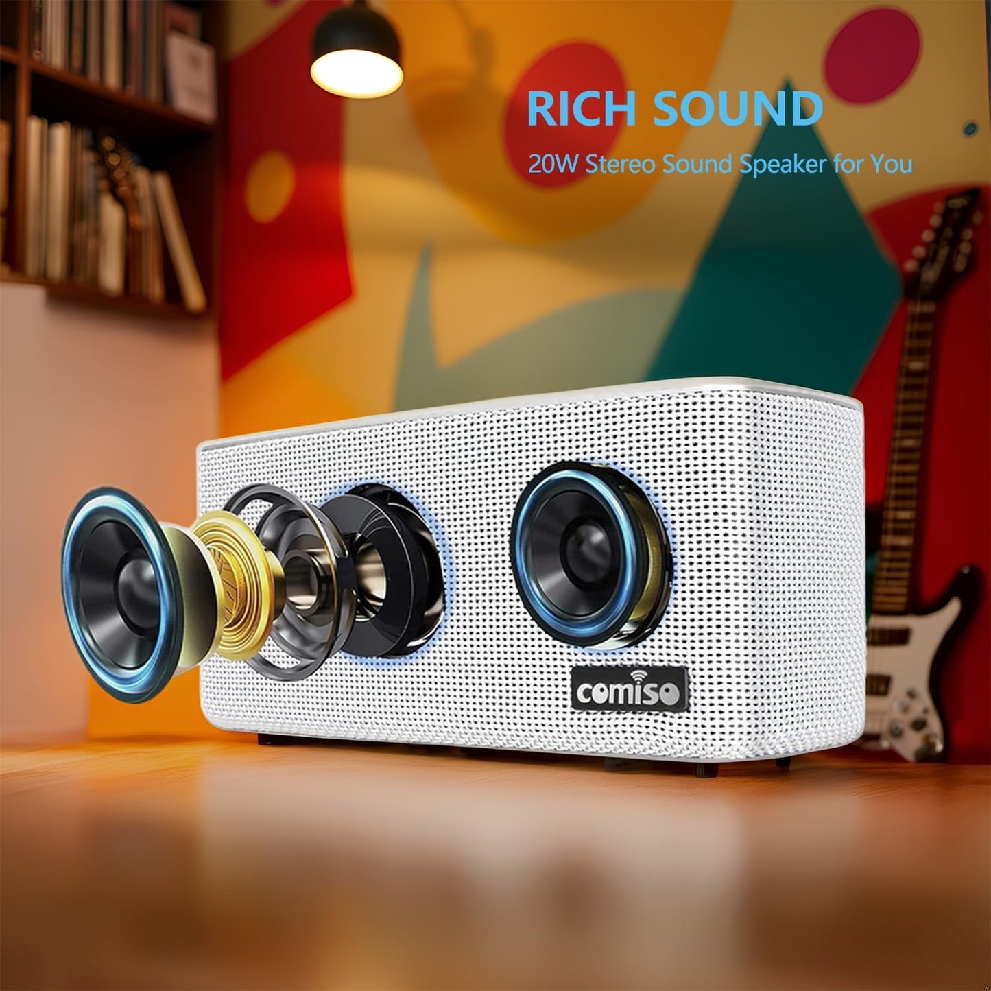 comiso Bluetooth Speakers, Portable Speaker 5.0 with 20W Stereo Sound, Wireless Stereo Pairing, Wood Bluetooth Audio with Subwoofer, 24H Playtime, Hands-Free, Great for Office, Home, Outdoor