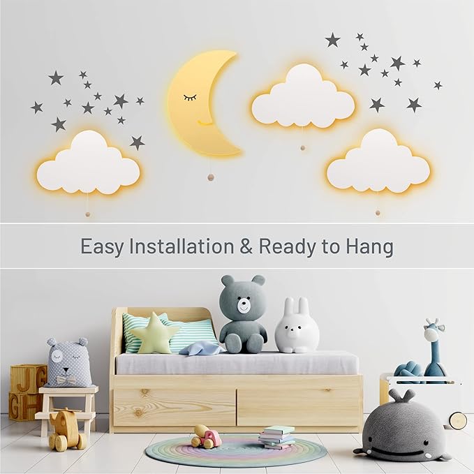 Lumipets Moon Wall Light - Nursery Decor, Baby Room Decoration, Wall Mounted, Battery Operated, Lightweight Hanging Crescent Night Light for Babies, Toddlers, Kids - 17.7 x 11.2 x 1.5-in