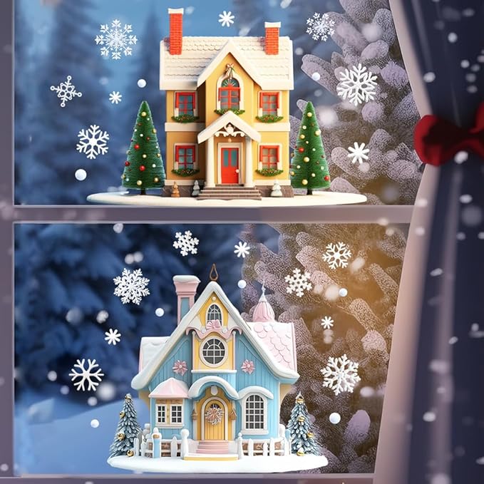 Fun Christmas Window Decor Set - Small House ＆ Snowflake Pattern Design Sided Printed Electrostatic Stickers - Removable, Safe for Home, Office, School Indoor Outside Use Shop Window Decoration