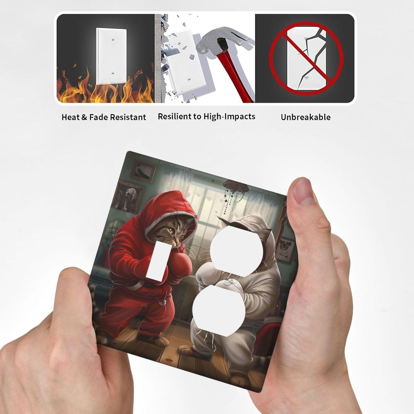 Decorative Outlet Covers Funny Red Boxing Cats White Tomcat 2 Gang Wall Plate Cover Single Toggle Duplex Combo Two Switch Light Switch Cover Plate Jumbo Dual GFCI Faceplate