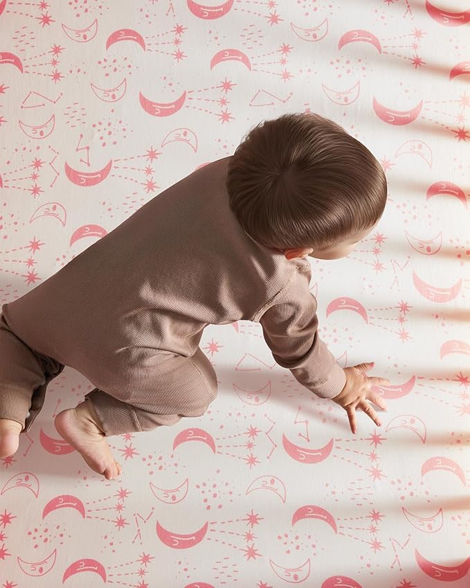 Pack and Play Sheets Fitted 3 Pack, Mini Crib Sheets for Pack N Play Mattress Stretchy Portable Playard Sheets, Soft Breathable Pink White Moon