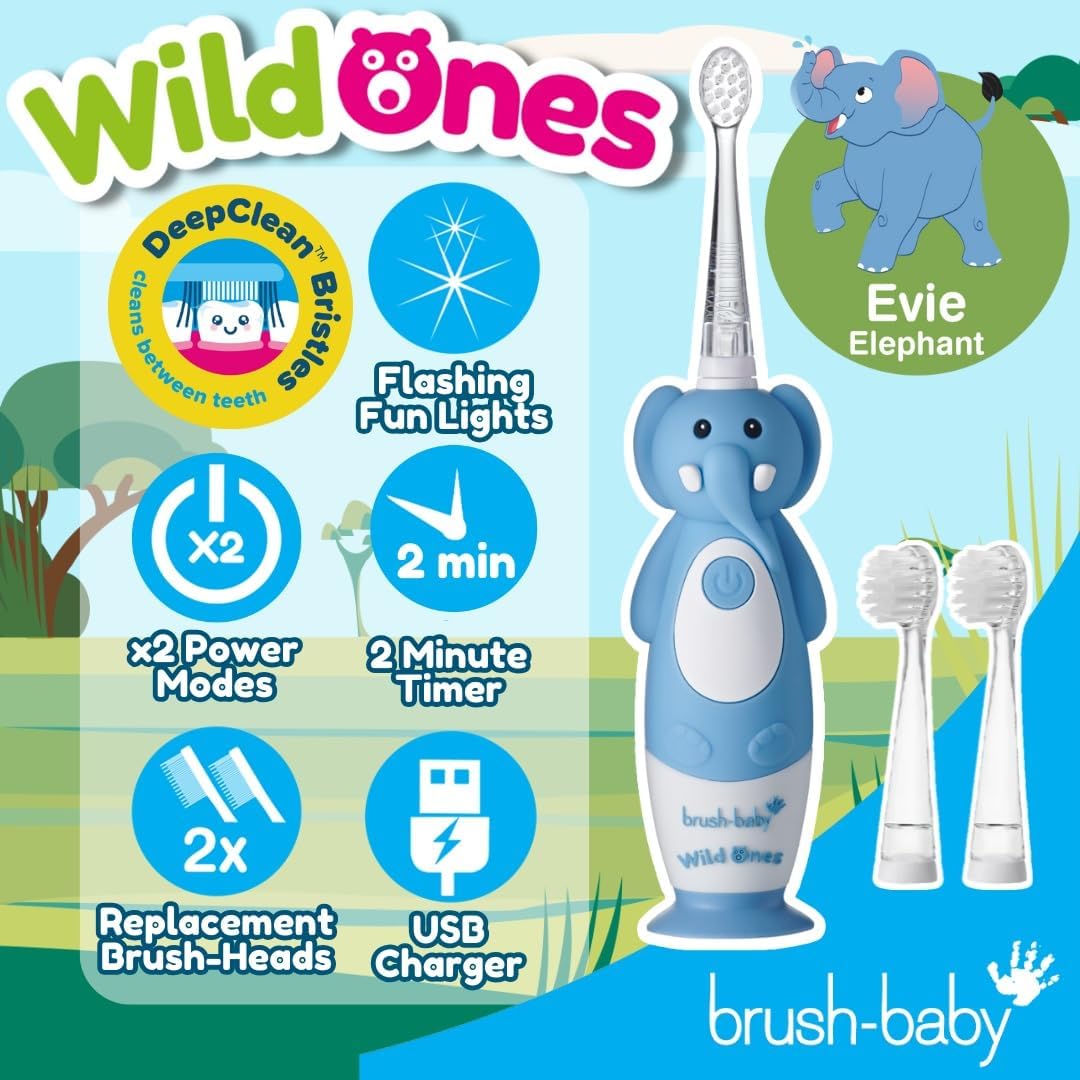 brush-baby WildOnes Kids Electric Rechargeable Toothbrush Elephant, 1 Handle, 3 Brush Heads, USB Charging Cable, for Ages 0-10 (Elephant)