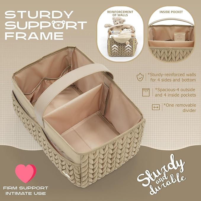 Luxurious Baby Diaper Caddy, Nursery Storage Basket for Newborn Essentials, Travel Baby Basket for Diapers Baby Wipes, Organizer Tote Bag Storage Bin, Baby Shower Gifts(Beige)