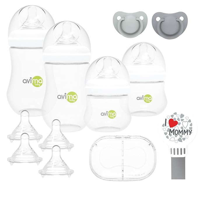 Avima Baby Wide Neck Bottle Starter Kit – 12 Piece Set. Anti Colic Feeding Set w/ 4 oz & 9 oz Baby Bottles, Slow & Medium Flow Nipples & Pacifiers, BPA Free