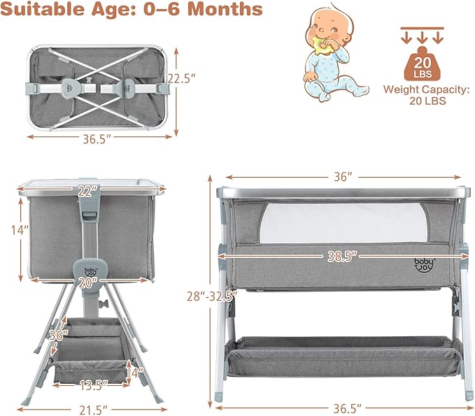 BABY JOY Bedside Bassinet, Portable Baby Crib w/Mattress, Two-Side Breathable Mesh, 7 Height Adjustable, Large Storage, Wheels for Easy Movement, Crib for Newborn Infant, Bassinet for Baby, Grey