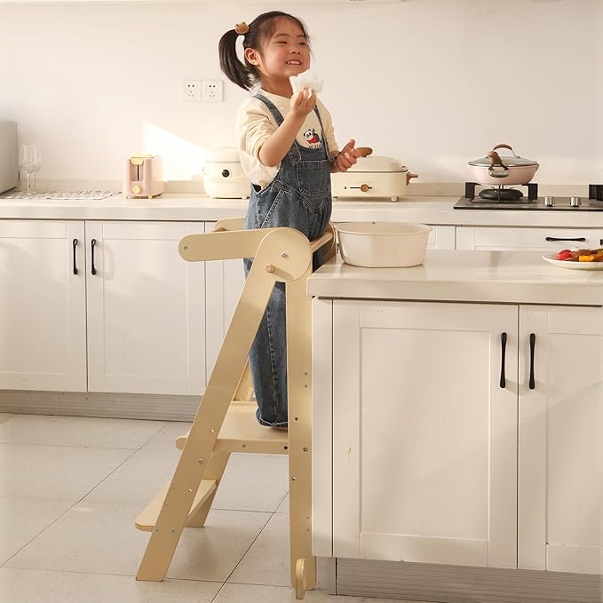 Foldable Toddler Tower 95% Preassembled Kitchen Stool Helper Folding Step Stool for Kids with 3 Adjustable Height Montessori Toddler Standing Tower for Kitchen Counter Sink Natural