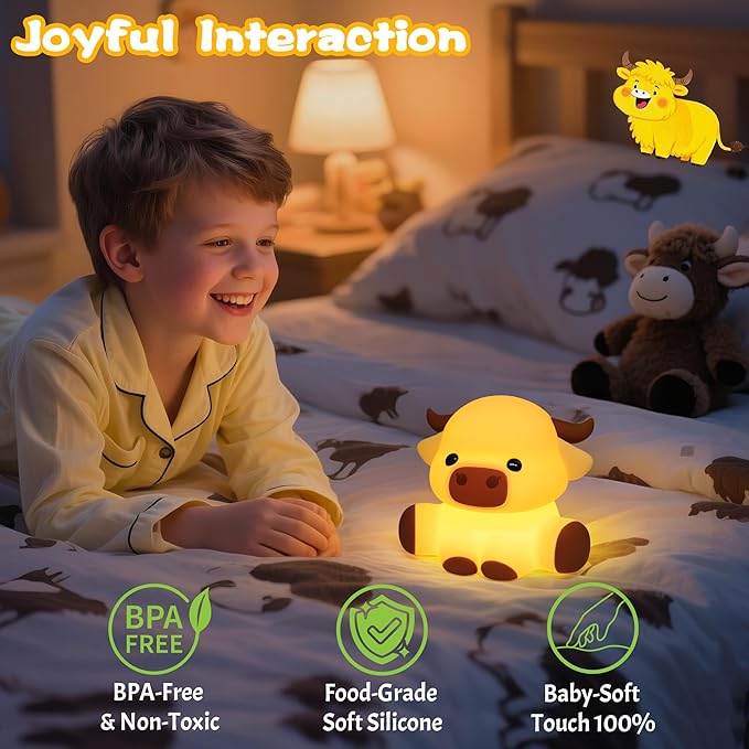 Highland Cow Lamp, Dimmable Silicone Touch Night Light, Soft Glow Bedside Lamp for Bedroom or Desk Decor, Highland Cow Gifts, USB Powered with Gentle Illumination