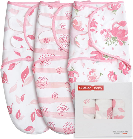 GLLQUEN BABY Girl Swaddles 0-3 Months - 3 Pack Baby Swaddles Sack for Newborn, Infant Sleep Sack, Easy Swaddling Wrap, A Pink Floral, Nursery Swaddle Blankets Essentials