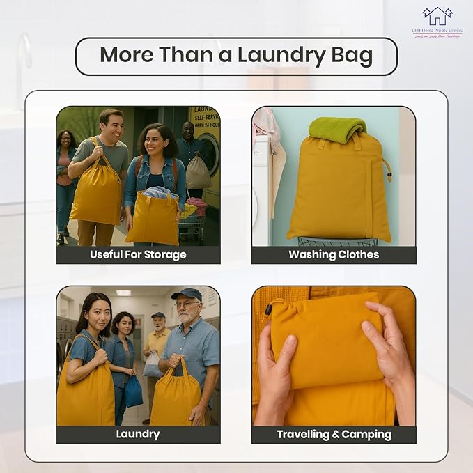LFH Home Cotton Canvas Large Laundry Bag with Handle, Heavy Duty Drawstring Closure Washable Laundry Bags, School Travel, Home, Hotel, College Dorm, Organizer Sack, Toys Clothes 24x36-Yellow