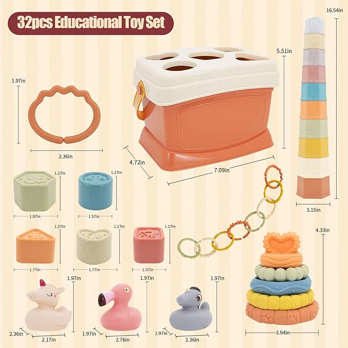 Shape Sorters Baby Toys 5 in 1 Montessori Toy for 6-48 Months Stacking Cups,Rings Toy Links,Soft Stacking Rings,Blocks Set,Soft Animals Toys Shape Sorters for Toddlers 1-3