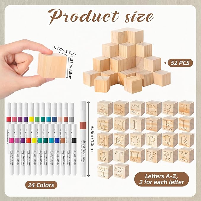 117 Pcs Baby Shower Blocks to Decorate Game Kit Includes 52 Wooden Blocks 24 Markers 1 Game Sign 40 Templates to Paint (Wood)