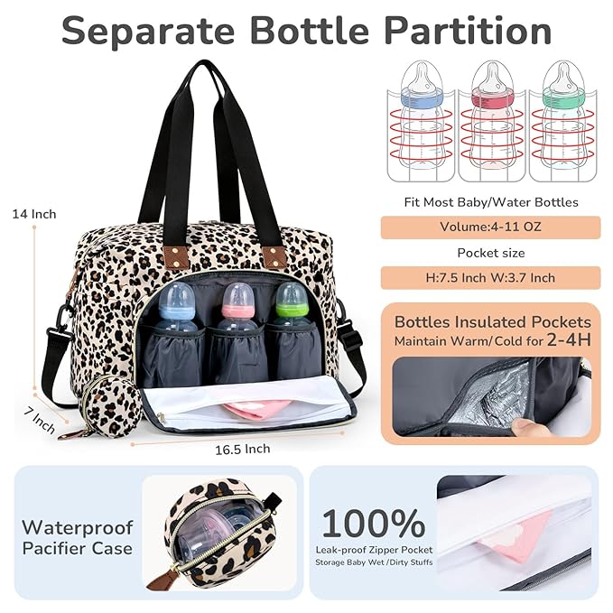 Diaper Bag Tote, Baby Bag Travel Diaper Tote Bag with Pacifier Case, Cute Maternity Hospital Baby Stylish Diaper Tote for Mom Dad Leopard Print