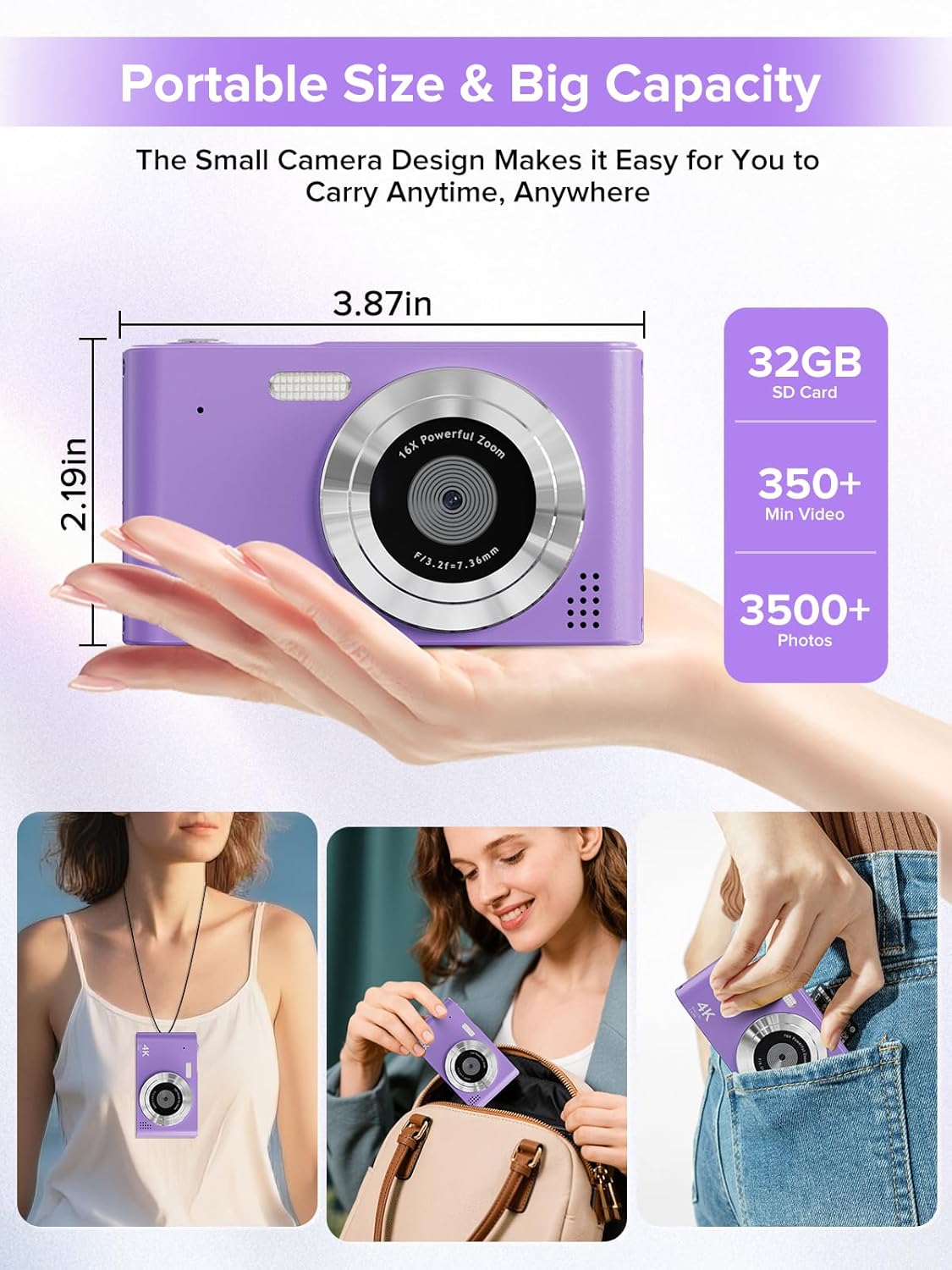 Digital Camera, Kids Camera1080P, Vlog Camera with 64GB Card, 16X Zoom Anti Shake, Card Reader, 44MP Compact Portable Small Point Shoot Digicam Gift for Kid Student Children Teen Girl Boy(Pruple)