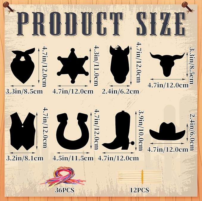 JULMELON 36 PCS Western Crafts, Rainbow Scratch Art Cowboy Rodeo Party Favors DIY Magic Color Scratch Paper Cards for Western Theme Birthday Party Favors School Activities Games