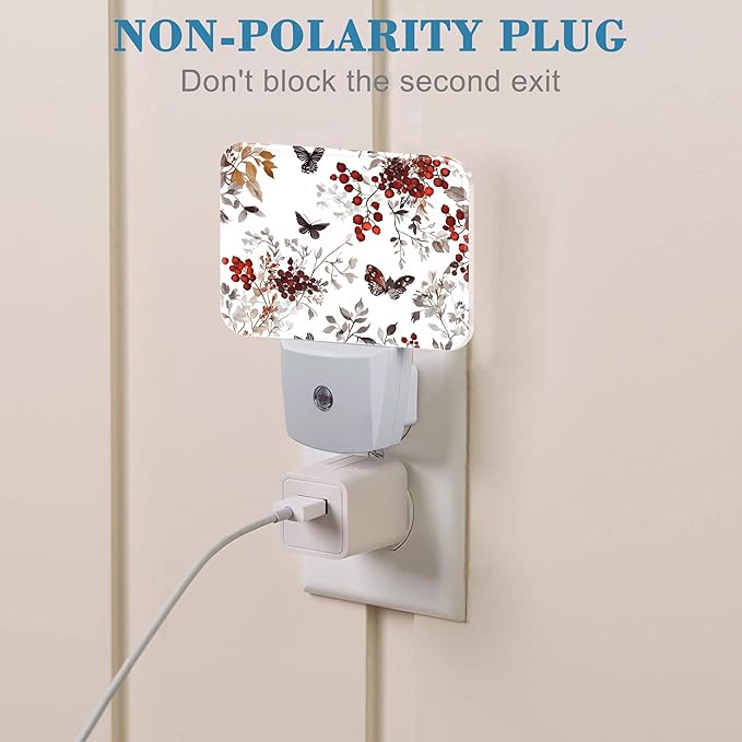 Vintage Wildflower Plants Night Light Plug into Wall, Butterfly Night Light with Dusk to Dawn Sensor for Kid Girls Boys Women Men Room, Hallway, Kitchen, Bathroom, Stairs Decor