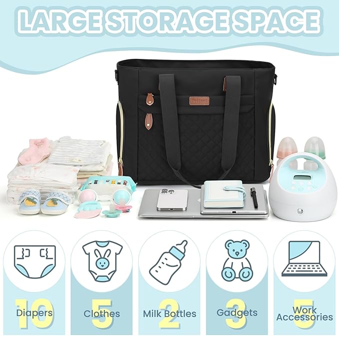 Diaper Bag Tote for Working Mom, Large Travel Diaper Tote for Mom and Dad with 14 Inch Laptop Sleeve, Mommy Maternity Travel Baby Bag for Boys and Girls, Black