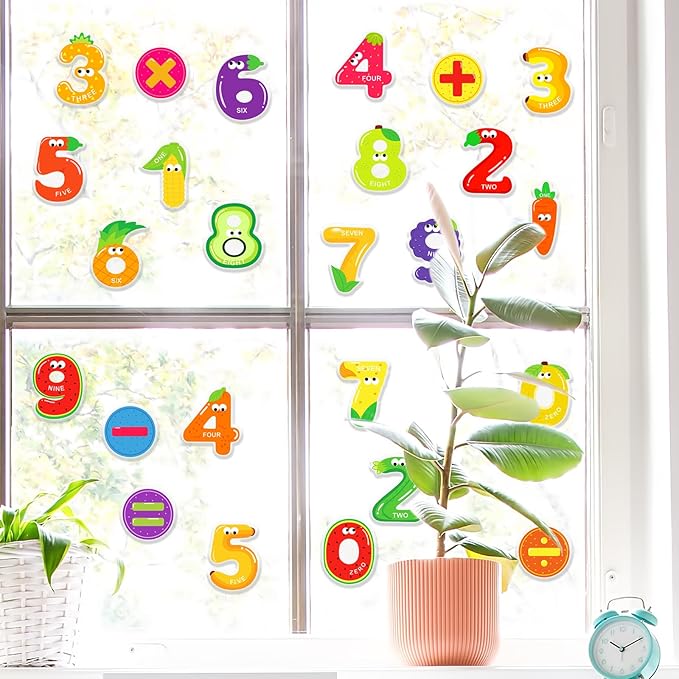 Whaline 50Pcs Number Thick Gel Clings Colorful Fruit Shaped Number 0-9 Window Gel Decals for Back to The School Math Learning Education Home Classroom Nursery Decor, 2 Sheet