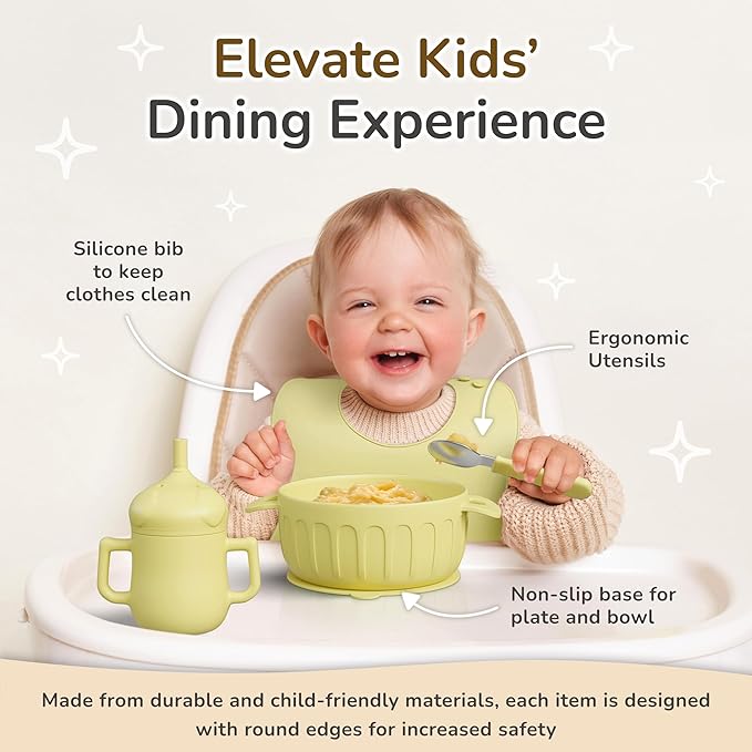 mimi & kiki BPA-Free Silicone Baby Feeding Set, Baby Plates and Bowls Set, Baby Led Weaning Supplies, Silicone Suction Plate, Baby Utensils, Bib and Cup, Self Feeding, Dishwasher Safe (Yellow)