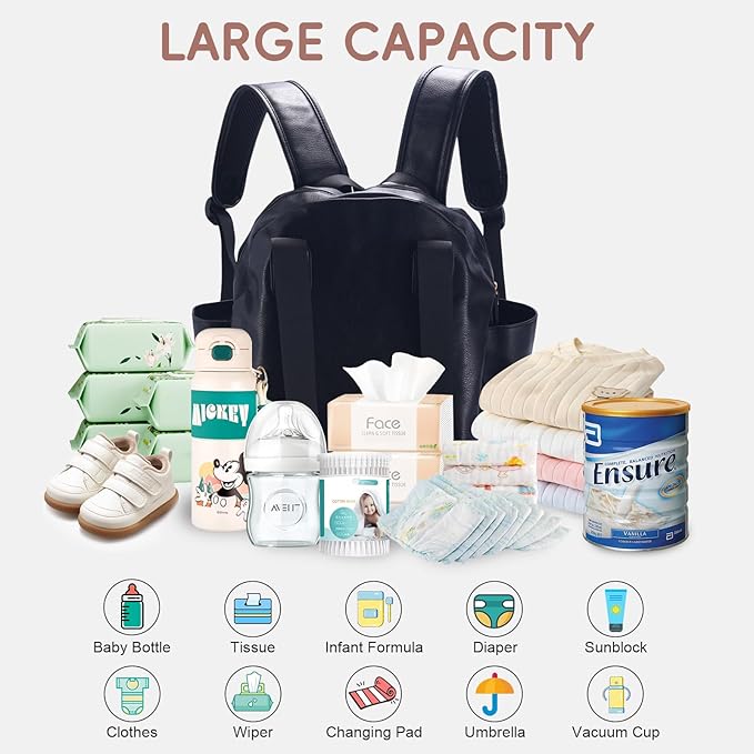 Stylish Diaper Bag Backpack, Leather Large Capacity Travel Baby Diaper Bag Tote for Mom Dad, Handbag shoulder bag, Waterproof, Lightweight Black