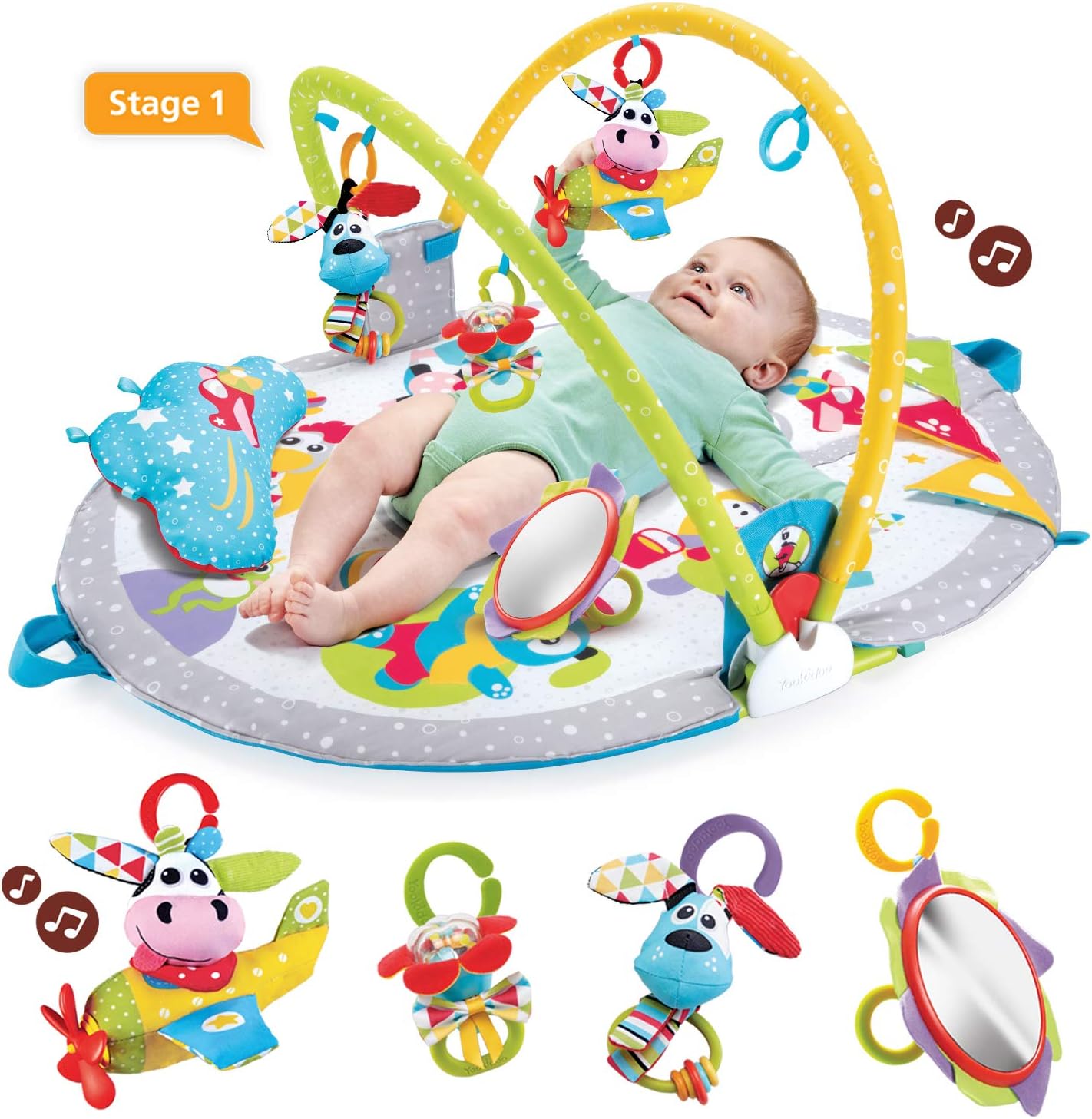 Yookidoo Baby Gym Lay to Sit-Up Playmat. 3-in-1 Newborns Activity Center with Tummy Time Toys, Pillow & Infant Miror. 0-12 Month