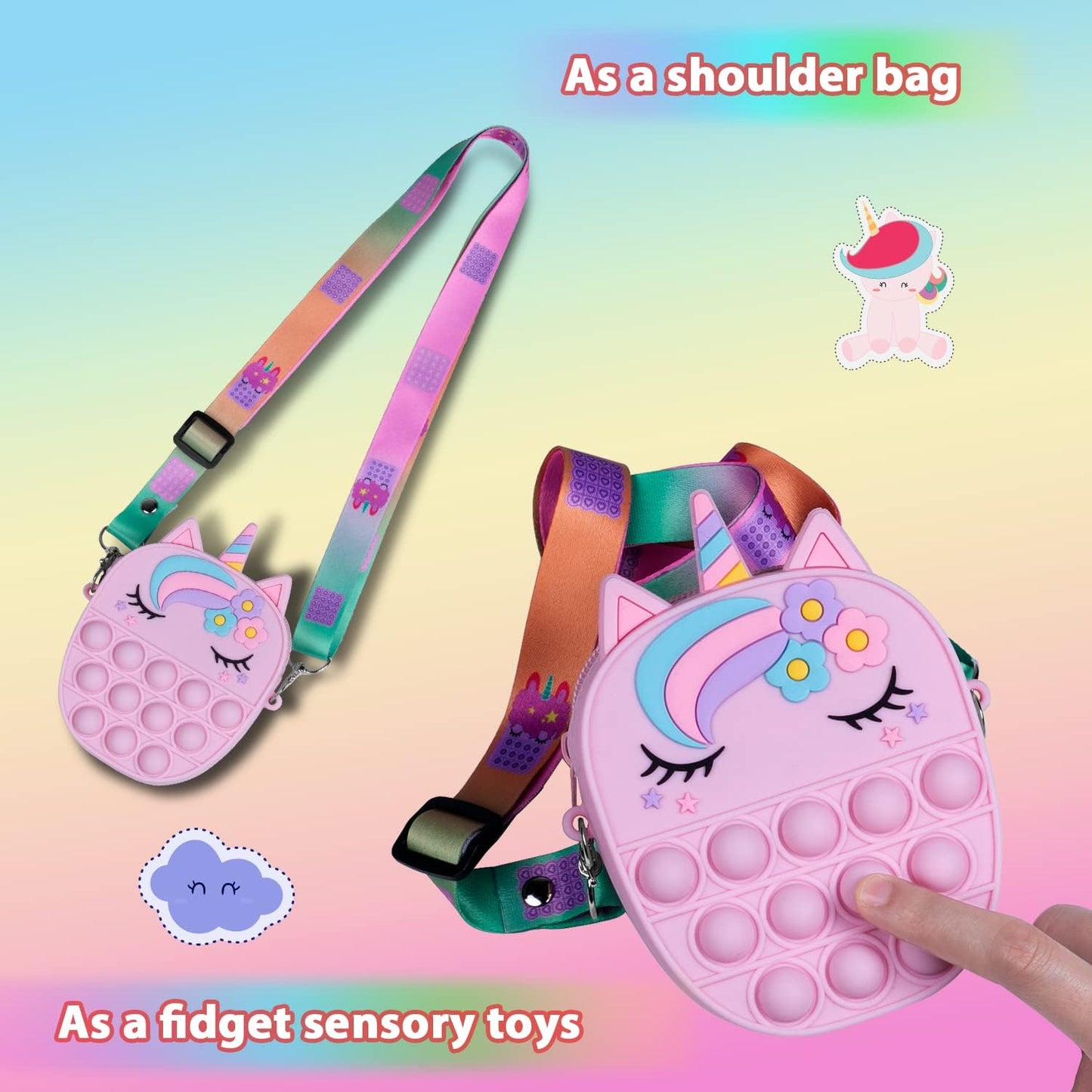 Pop Bag it, Fidget Bag, Pop Purse for Girl and Women Pop Bag with Unicorn Pop Toy, Anti Stress Silicone Poppet Bag Fidget Shoulder Bag, Best Gifts