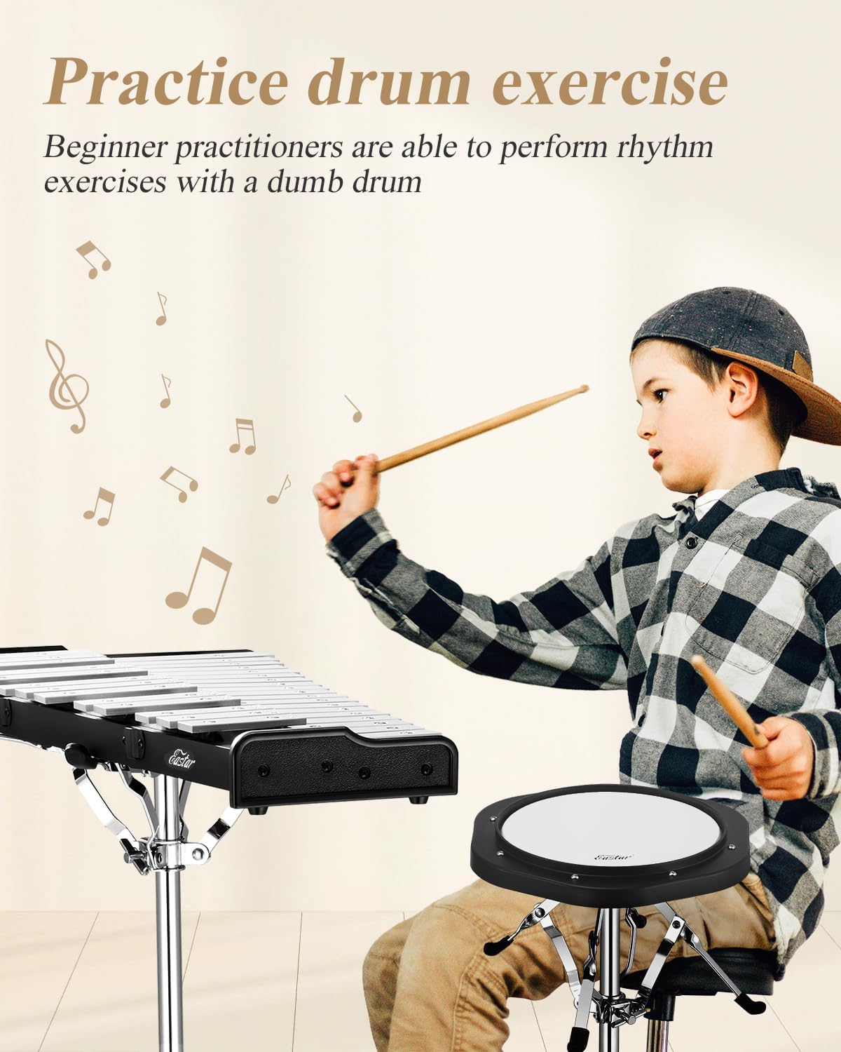 Eastar Advanced 32 Note Glockenspiel Xylophone Bell Kit Beginner Students, Percussion Kit with 8'' Drum Practice Pad, Adjustable Stand, Glockenspiel Stick, Drum Sticks and Carrying Bag