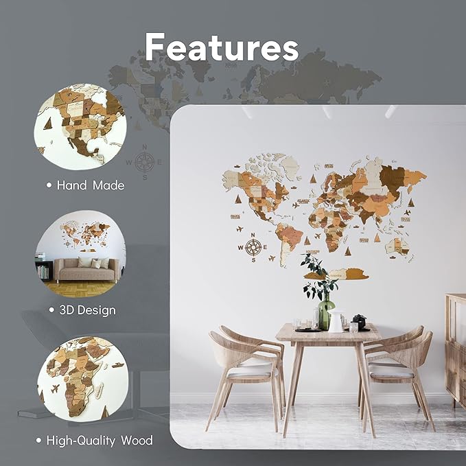 Wooden World Map 3D Art Large Wall Decor - Size (M & L & XL) Any Occasion Gift Idea - Wall Art For Home & Kitchen or Office (CALIFORNIA, 63,00" x 33,46")