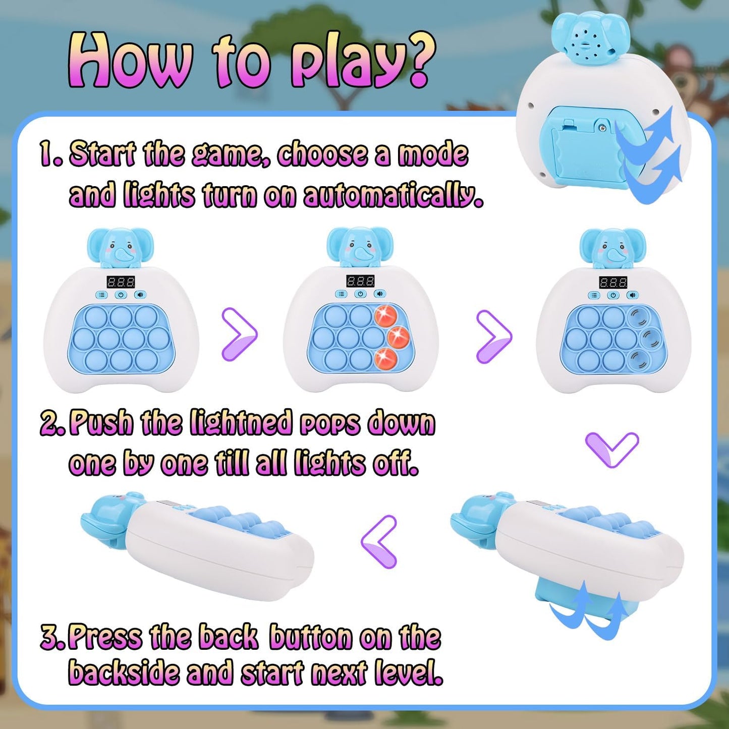 Quick Push Console Game, Pop Game Light up Fidget Toy, Handheld Puzzle Game Fast Push Bubble Game with Game Clearance Screen for Kids Teens Adults (Elephant)