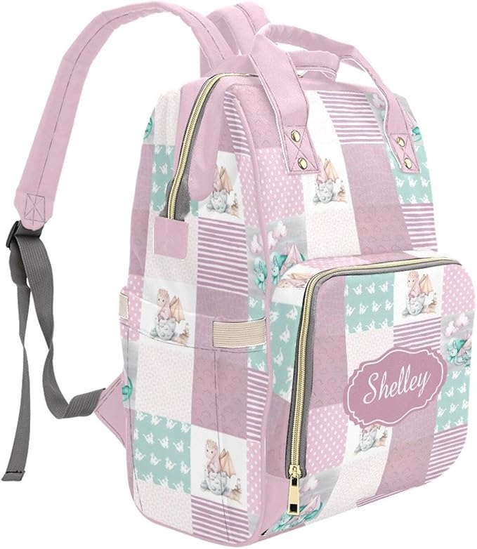 Custom Dragon Pink Baby Diaper Bag with Name – Personalized Nursing Travel Tote Backpack for Mom or Dad, Custom Name Baby Daypack Gift