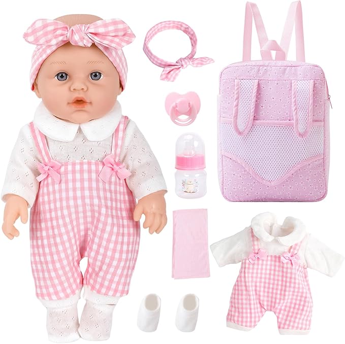 DONTNO 12 Inch Baby Doll with Clothes and Backpack Carrier,Newborn Doll Includes Clothes,Blanket,Pacifier,Bottle,First Gift for Toddlers 36 Months and Up