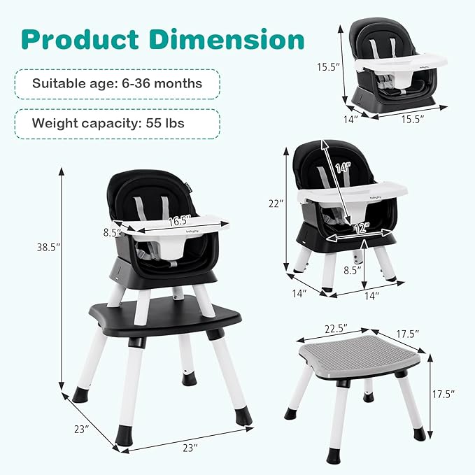 BABY JOY Baby High Chair, 8 in 1 Convertible Highchair for Babies & Toddlers | Booster Seat | Table and Chair Set | Building Block Table | Toddler Chair with Safety Harness, Removable Tray (Black)