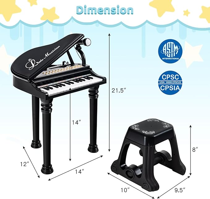 Costzon Kids Piano, 31 Key Mini Grand Piano Toy Keyboard with Microphone, Stool & Lights, Portable Electronic Piano Educational Musical Instrument Toy, Birthday Gift for Toddler Boys Girls (Black)