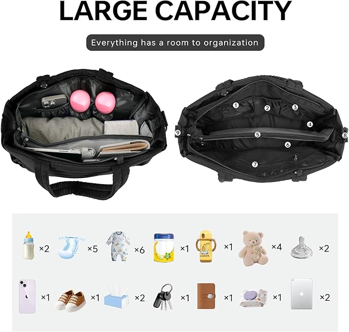 Diaper Bag Tote, Large Capacity Travel Diaper Baby Bags Crossbody Hospital Mom Bag，with Silicone Pacifier Case