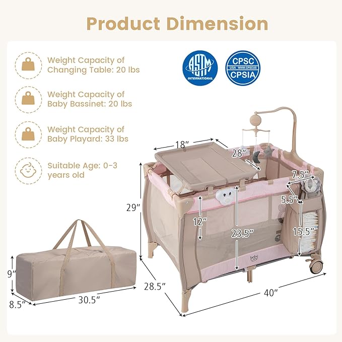 Costzon 3 in 1 Pink Pack and Play with Bassinet, Portable Baby Playard with Changing Table, Music Box, Whirling Toys, Wheels/Brake, Basket, Bag, Foldable Infant Pink Bassinet for Baby Girl Toddlers