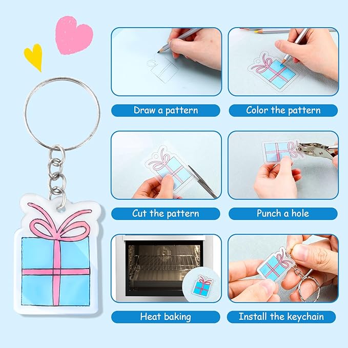 Auihiay 30PCS Shrink Plastic Sheets for Kids with 30 Keychains & 100 Jump Rings, Shrink Films Papers, Shrinky Art for DIY Handprint Keychains, Mother's Day & Father's Day Gifts