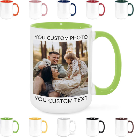 Custom Mug Upload Your Picture Personalized Coffee Mug with Photo Text Name Customized Cup Unique Ideas Gifts for Men Women Mom Dad Girlfriend Boyfriend Friend Family (Green, 15oz)