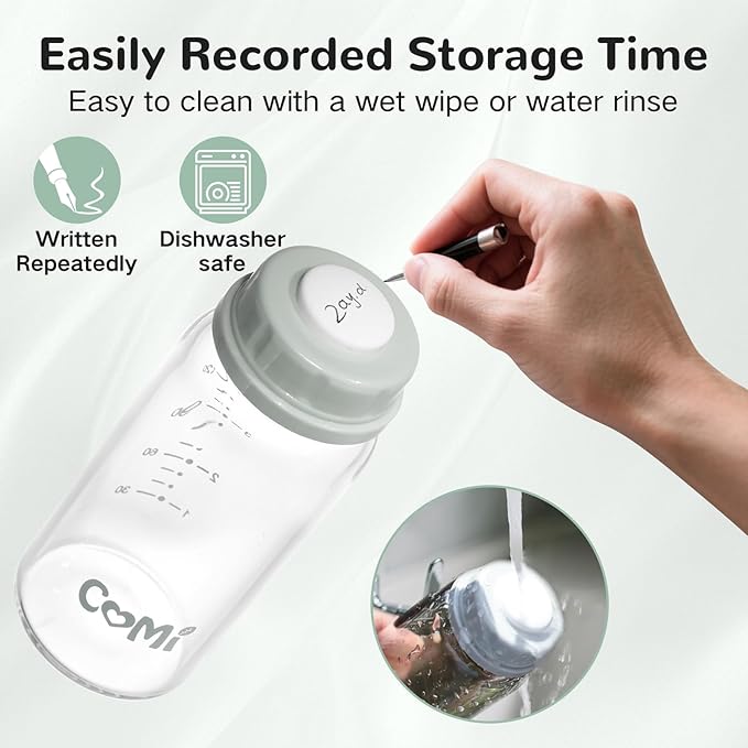 COMI Natural Glass Baby Bottle,Standard Neck Breastmilk Storage Bottle for Fridge,Breast Milk Container,Breast Pump Bottle Compatible with Medela Breast Pump,BPA Free,4PCS (5oz,4 Gray Lids)