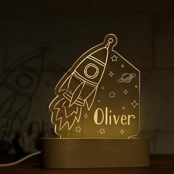 Night Light for Kids Room Personalized, Nursery Room Decor, Custom W/Name, Bedside Lamp, Birthday Gifts for Boys and Girls, Space