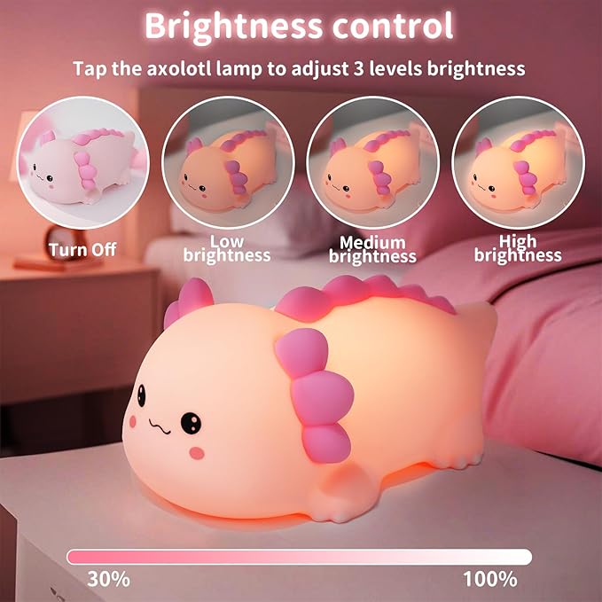 Axolotl Silicone Nursery Night Light, Dimmable LED Animal Lamp with Timer,Cute Gifts Rechargeable Bedroom Bedside Lamp with Touch Sensor Toy for Kids (Axolotl B)