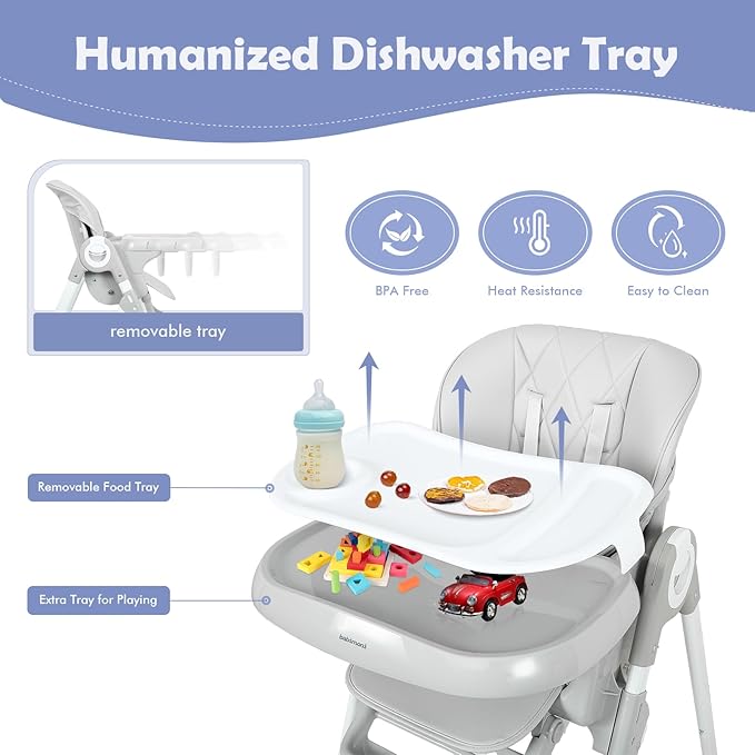 4 in 1 High Chairs for Babies and Toddlers, Convertible Foldable Baby High Chairs, Feeding and Eating Seat Highchair with 4 Levels of Recline and 7 Levels of Height Adjustment, Gray