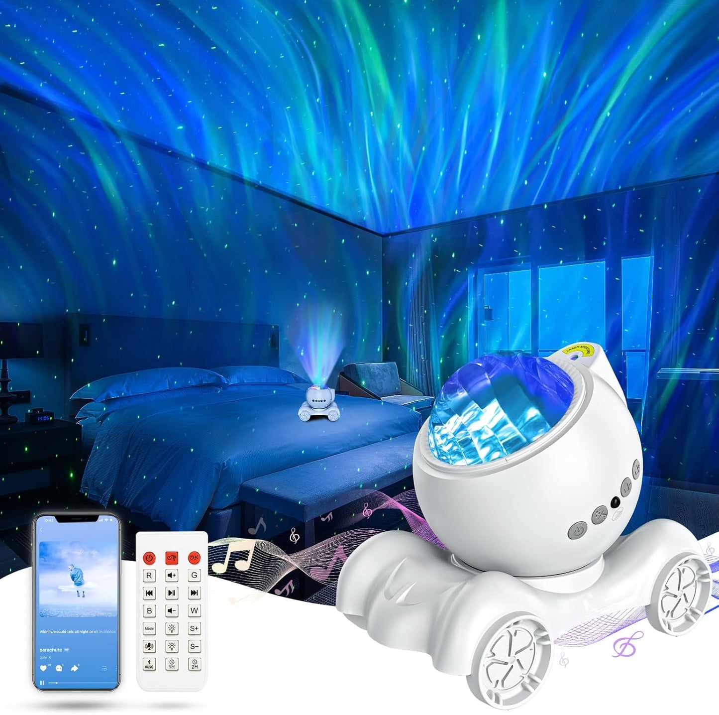 ENOKIK Northern Light Projector, Aurora Star Projector Built-in Bluetooth Speaker, White Noise Machine for Kids Adults, Galaxy Light for Bedroom/Ceiling/Party/Gift (White)