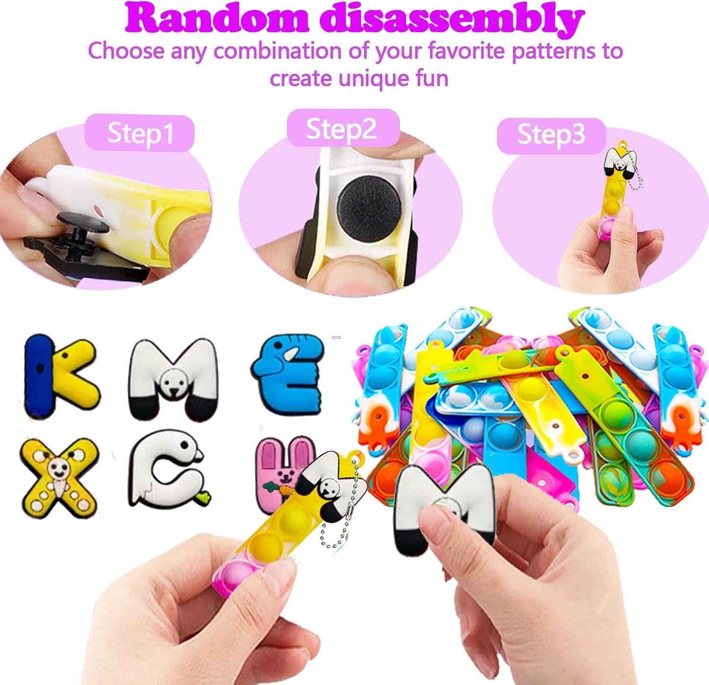 26 Pcs Mini Keychain Pop Fidget Toys for Kids, Birthday Party Favors for 3-5, 4-8, 8-12, Bulk Sensory Toys for Classroom Prizes, Party Supplies for Pinata Stuffers, Carnival Prizes (Letter)
