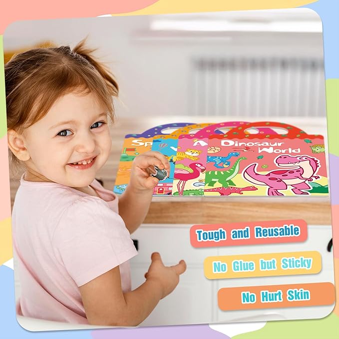 Jelly Sticker Books Reusable 4 Sets Sticker Pack Toddlers Toy 3-12 Years Baby Boy/ Girl Gift Essential, Airplane Baby Toy, Travel Essential Durable Skin-Friendly ( Animals, Dinosaurs, Space, Vehicles)