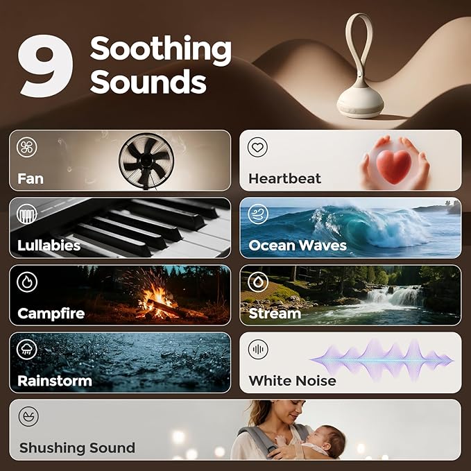 EVOCELER | Portable White Noise Sound Machine for Babies and Kids | Auto Cry Detection | 9 Soothing Sounds | Sleep Soother | Voice Recording | 15H Battery | Travel | Baby Registry Gift | Stroller Clip