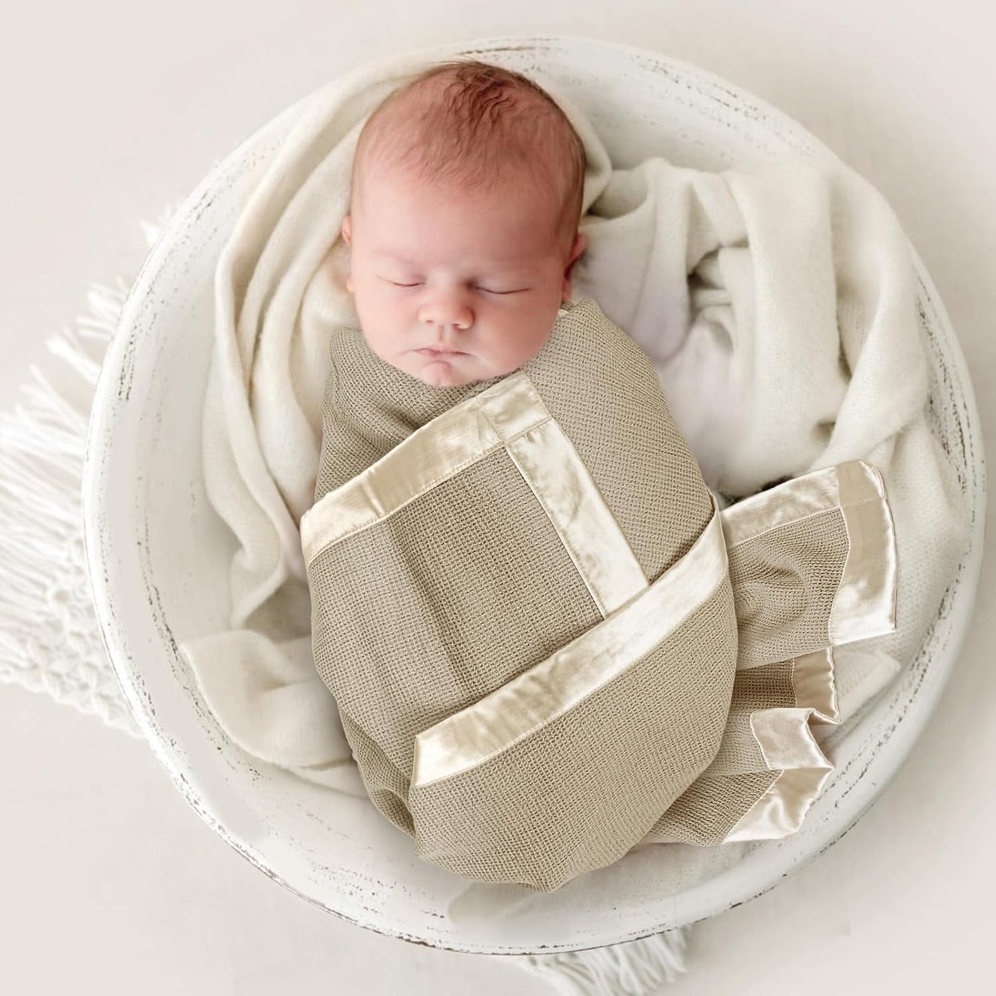 lulumoon Swaddle Baby Blanket: Waffle Blanket with Satin Trim - Soft Breathable Toddler Blankets Perfect for Nursing Cover and Playtime - Cotton Crib Quilt for Daytime Naps 40"x36"(Oat)