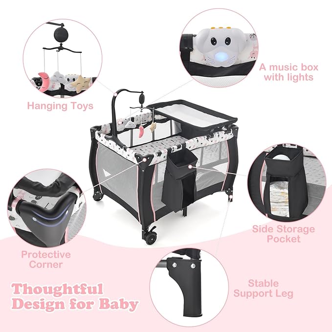 INFANS 3 in 1 Pack and Play, Portable Travel Baby Crib Bassinet with Detachable Mattress, Newborn Changing Table, Foldable Playpen with Carry Bag and 2 Wheels (Cartoon)