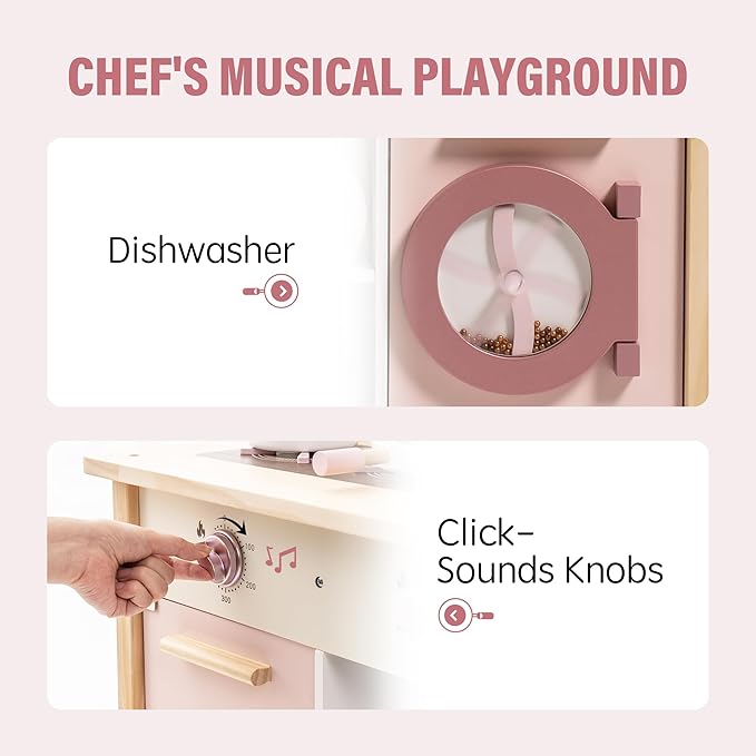 ROBOTIME Wooden Play Kitchen Set, Pretend Play Kitchen Set for Kids with Realistic Design, Kids & Toddlers Kitchen Playset with Dishwasher, Toy Kitchen Set for Boys and Girls Ages 3+ (Pink)