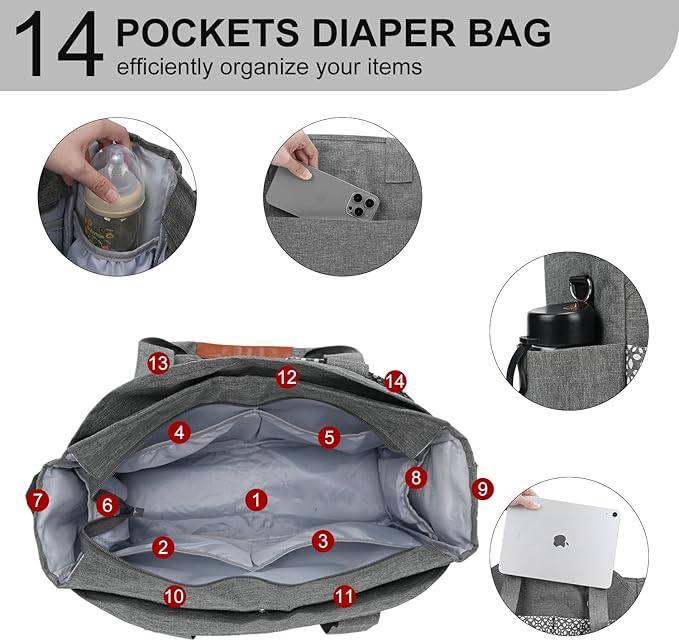 Diaper Bag Tote, Large Capacity Travel Diaper Baby Bags Crossbody Hospital Mom Bag，with Silicone Pacifier Case