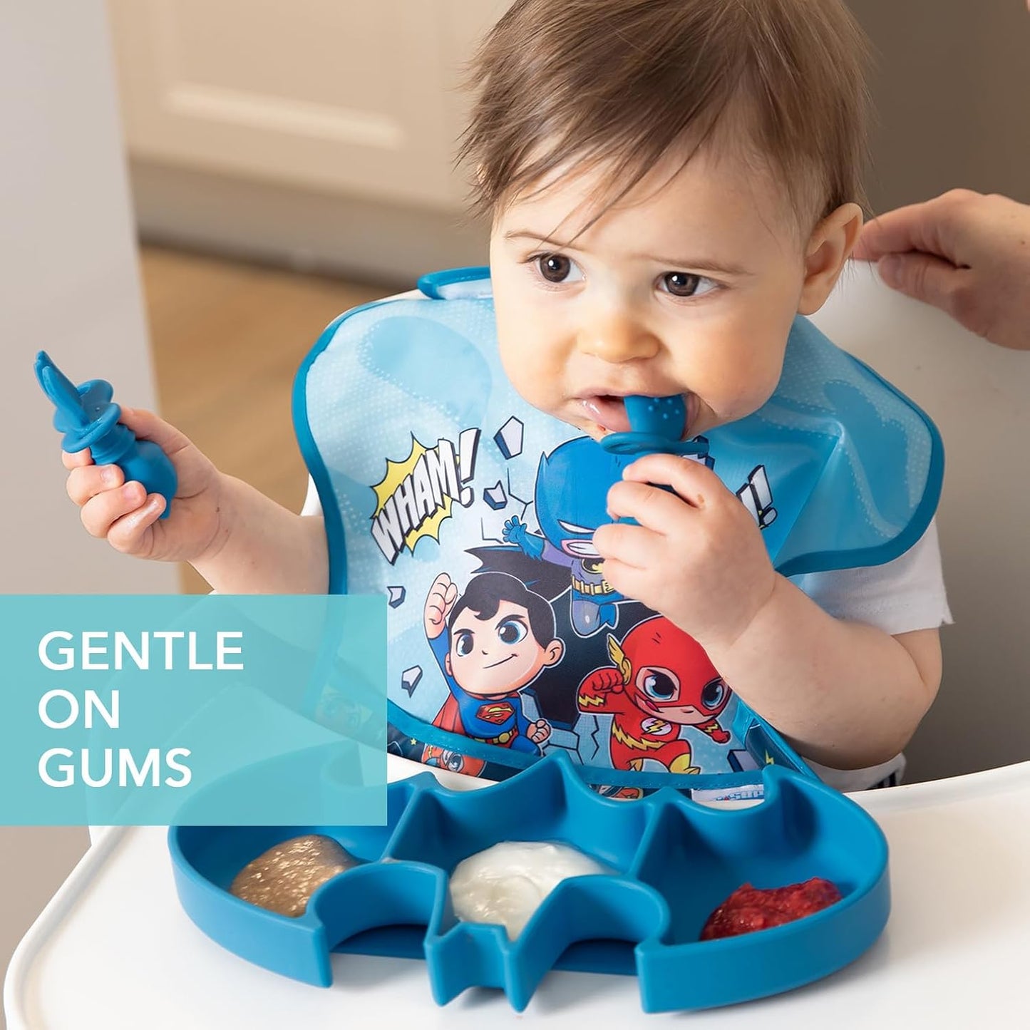 Bumkins Baby Utensils Set, Chewtensils Silicone Spoons for Dipping, Self-Feeding, Baby Led Weaning, Trainer Learning, First Stage Eating, Soft Practice Fork and Spoon, 6 Months, Batman Blue